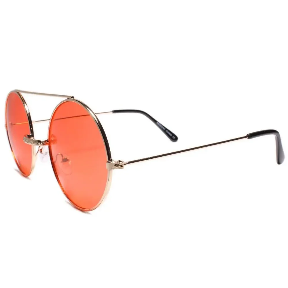 Men Classic Retro Hip Style Sunglasses Round w/ Brow Bar Gold Frame Red Lens